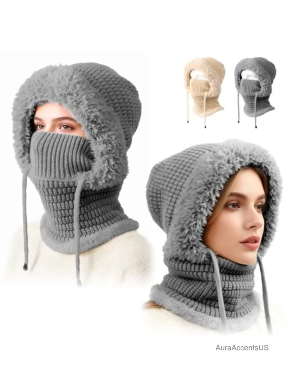 3-in-1 Knit Beanie Hat Balaclava Winter Windproof Fleece Lined Neck Warmer Scarf